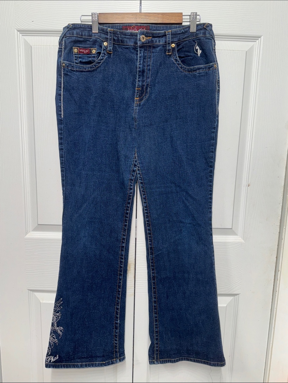 Y2K Baby Phat Dark Blue Flare Jeans with Embroidered Hem Accent